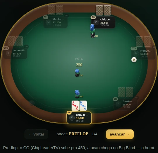 Mesa do replayer do pokerlens: pote, cartas, stacks e botão renderizados