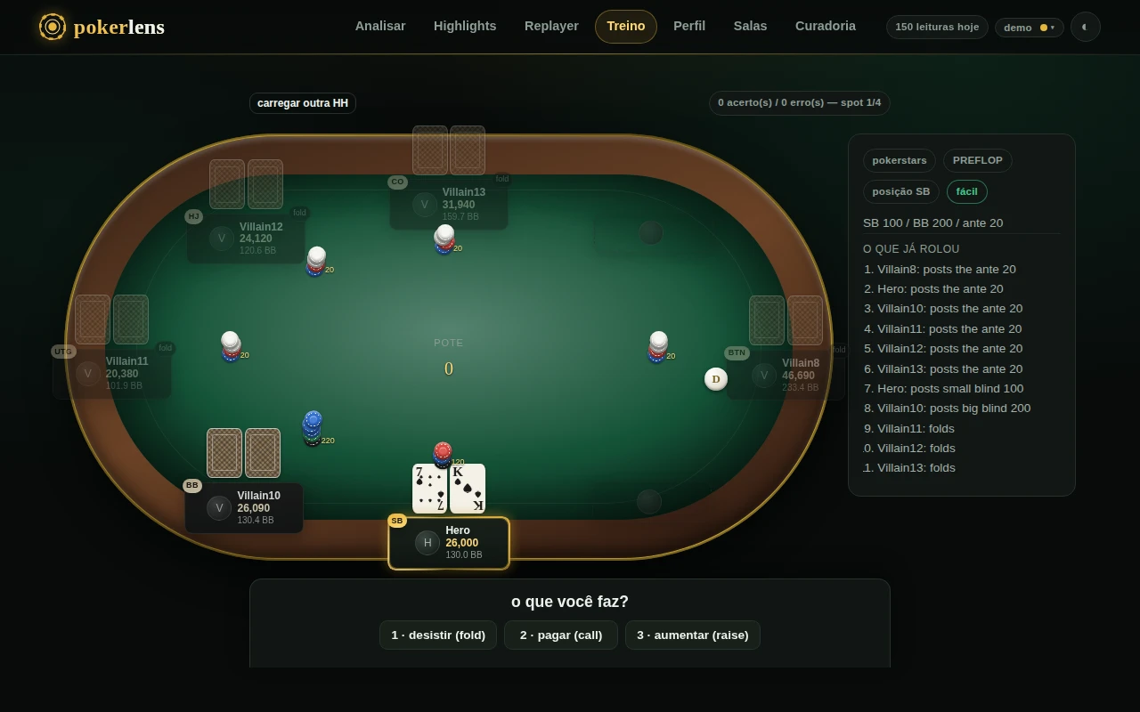 Tela de treino do pokerlens: spot real com a decisão do herói escondida